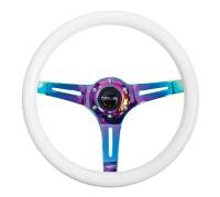 NRG Innovations Classic Wood Grain Steering Wheel (350mm) Glow-N-The-Dark Green Grip w/Neochrome 3-Spoke Center