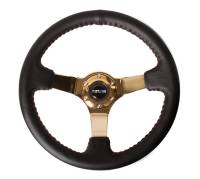 NRG Innovations Reinforced Steering Wheel (3in Deep / 4mm) 350mm Blk Leather w/Red BBall Stitch & Gold Spoke