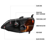 Spec'D Tuning Products - Spec-D 2001-2003 Honda Civic Projector Headlights w/ H1 Bulbs (Matte Black Housing/Clear Lens) - Image 6