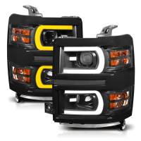 ANZO 14-15 Chevrolet Silverado 1500 Projector Headlights w/ Plank Style Switchback Black w/ Amber - Image 2