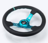 NRG Innovations - NRG Innovations Reinforce Steering Wheel (350mm / 3in. Deep) Blk Leather, Teal Center Mark w/ Teal Stitching - Image 3