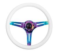 NRG Innovations - NRG Innovations Classic Wood Grain Steering Wheel (350mm) Glow-N-The-Dark Green Grip w/Neochrome 3-Spoke Center - Image 1