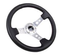 NRG Innovations - NRG Innovations Reinforced Steering Wheel (350mm / 3in. Deep) Blk Leather w/Silver Spoke & Circle Cutouts - Image 2