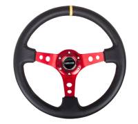 NRG Innovations - NRG Innovations Reinforced Steering Wheel (350mm / 3in. Deep) Blk Leather w/Red Spokes & Sgl Yellow Center Mark - Image 1