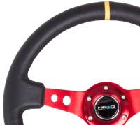 NRG Innovations - NRG Innovations Reinforced Steering Wheel (350mm / 3in. Deep) Blk Leather w/Red Spokes & Sgl Yellow Center Mark - Image 2
