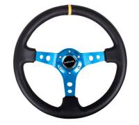 NRG Innovations - NRG Innovations Reinforced Steering Wheel (350mm / 3in. Deep) Blk Leather w/Blue Cutout Spoke & Single Yellow CM - Image 1