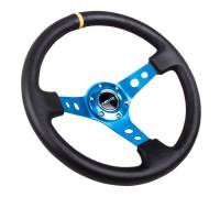 NRG Innovations - NRG Innovations Reinforced Steering Wheel (350mm / 3in. Deep) Blk Leather w/Blue Cutout Spoke & Single Yellow CM - Image 2