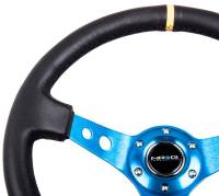 NRG Innovations - NRG Innovations Reinforced Steering Wheel (350mm / 3in. Deep) Blk Leather w/Blue Cutout Spoke & Single Yellow CM - Image 3