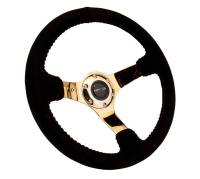 NRG Innovations - NRG Innovations Reinforced Steering Wheel (350mm / 3in. Deep) Blk Suede w/Red BBall Stitch & Chrome Gold 3-Spoke - Image 2