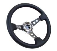 NRG Innovations - NRG Innovations Reinforced Steering Wheel (350mm / 3in. Deep) Blk Leather w/Gunmetal Circle Cutout Spokes - Image 2