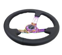 NRG Innovations - NRG Innovations Reinforced Steering Wheel (350mm / 3in. Deep) Blk Leather/Blk Stitch w/Neochrome Slits - Image 3