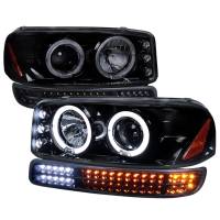 Spec'D Tuning Products - Spec-D 1999-2006 GMC Sierra/ 2000-2006 Yukon/Yukon XL Dual Halo Projector Headlights with LED Sequential Turn Signal Bumper Lights (Glossy Black Housing/Smoke Lens) - Image 1