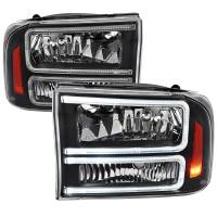 Spec'D Tuning Products - Spec-D 1999-2004 Ford F-250/F-350/F-450/F-550/2000-2004 Excursion Euro Factory Style Headlights with Dual LED C-Bar  (Matte Black Housing/Clear Lens) - Image 1