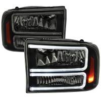 Spec'D Tuning Products - Spec-D 1999-2004 Ford F-250/F-350/F-450/F-550/2000-2004 Excursion Euro Factory Style Headlights with Dual LED C-Bar & Amber Reflectors (Jet Black Housing/Smoke Lens) - Image 1