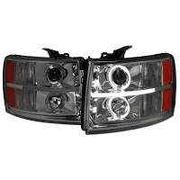 Spec'D Tuning Products - Spec-D 2007-2013 Chevrolet Silverado 1500/ 2007-2014 Silverado 2500HD 3500HD Dual Halo Projector Headlights w/ LED Light Bar (Chrome Housing/Smoke Lens) - Image 1